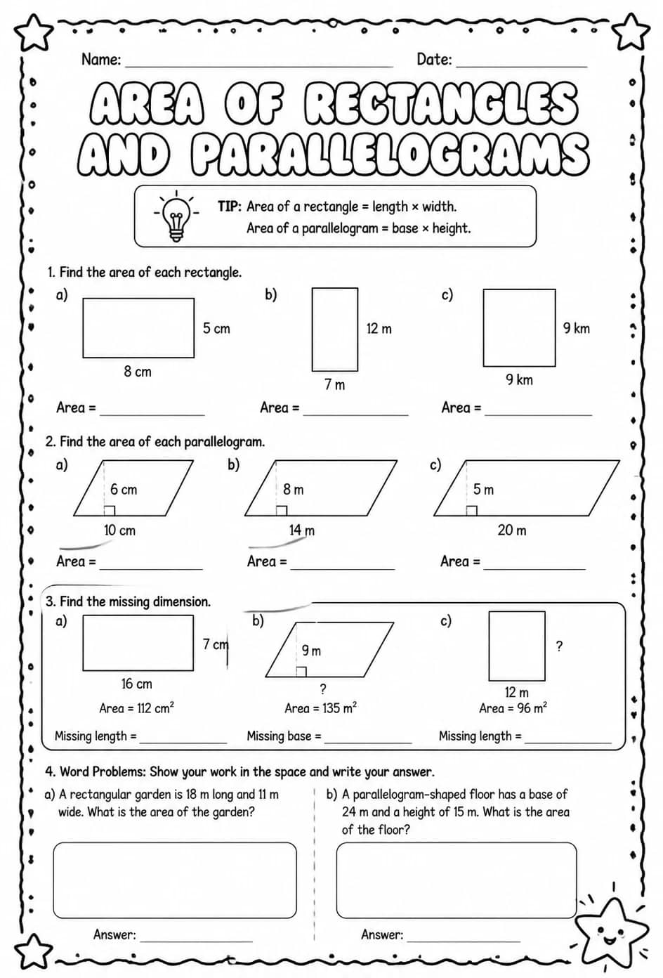 Area of rectangles and parallelograms — free printable Grade 7 math worksheet