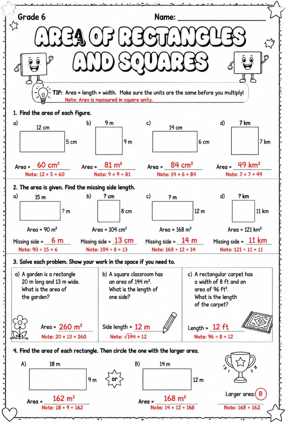 Answer key for Area of rectangles and squares — free printable Math worksheet