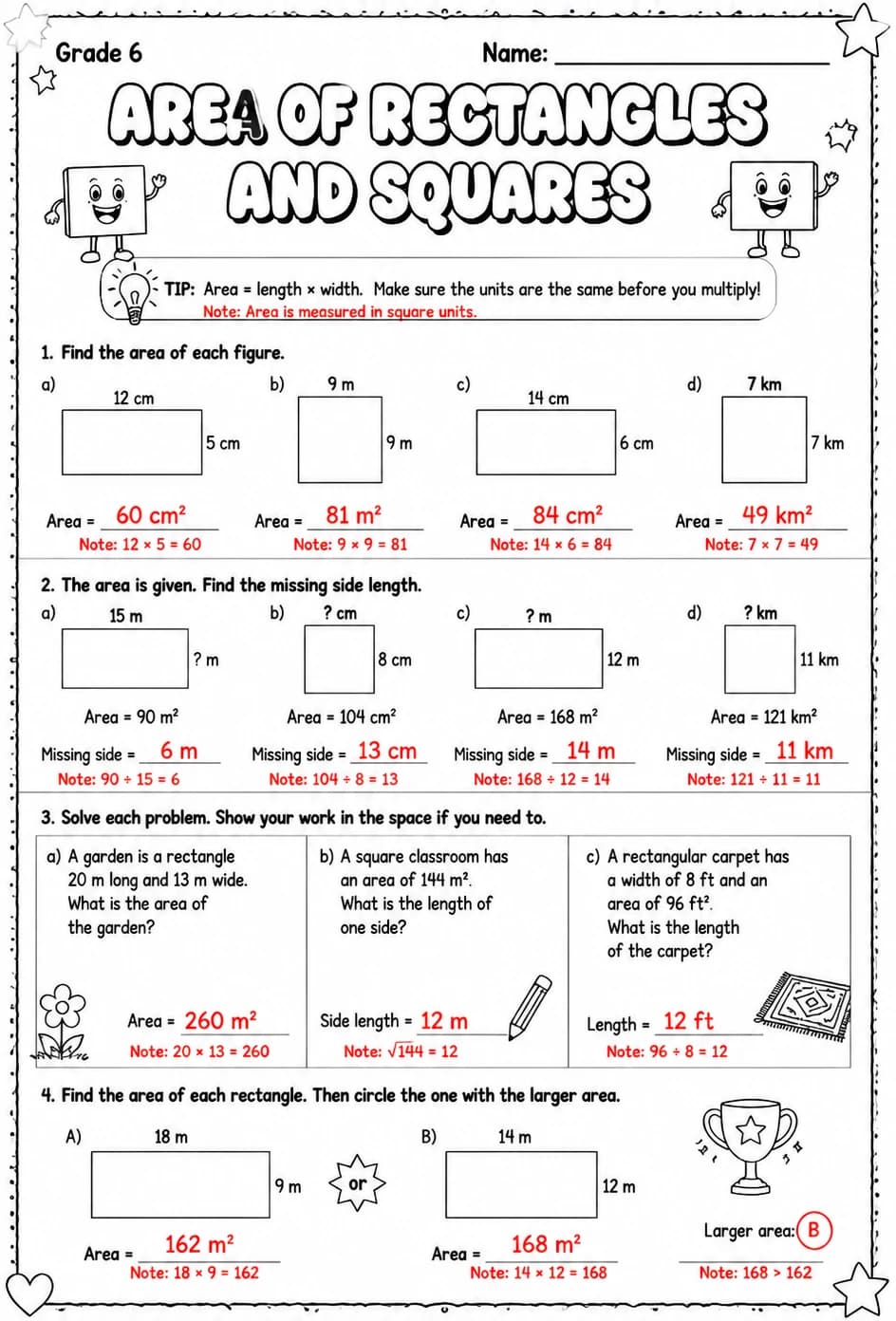 Answer key for Area of rectangles and squares — free printable Math worksheet