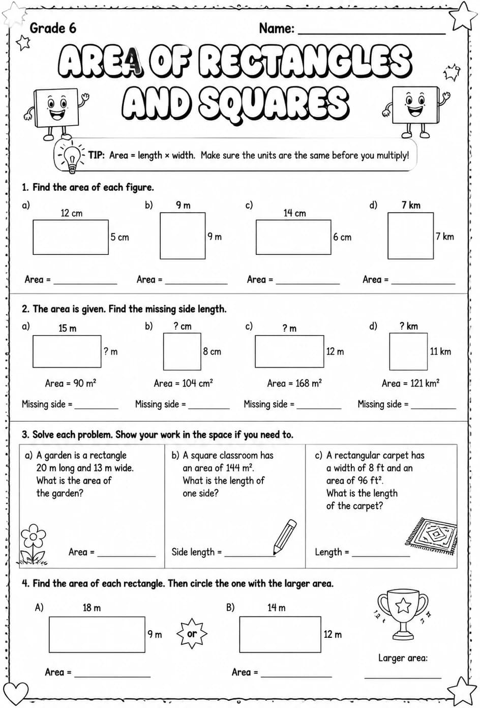 Area of rectangles and squares — free printable Grade 6 math worksheet