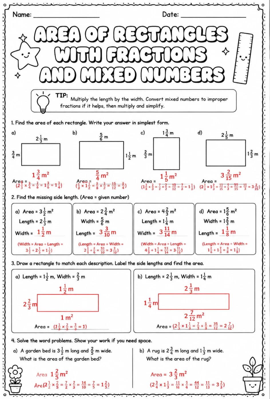 Answer key for Area of rectangles with fractions and mixed numbers — free printable Math worksheet
