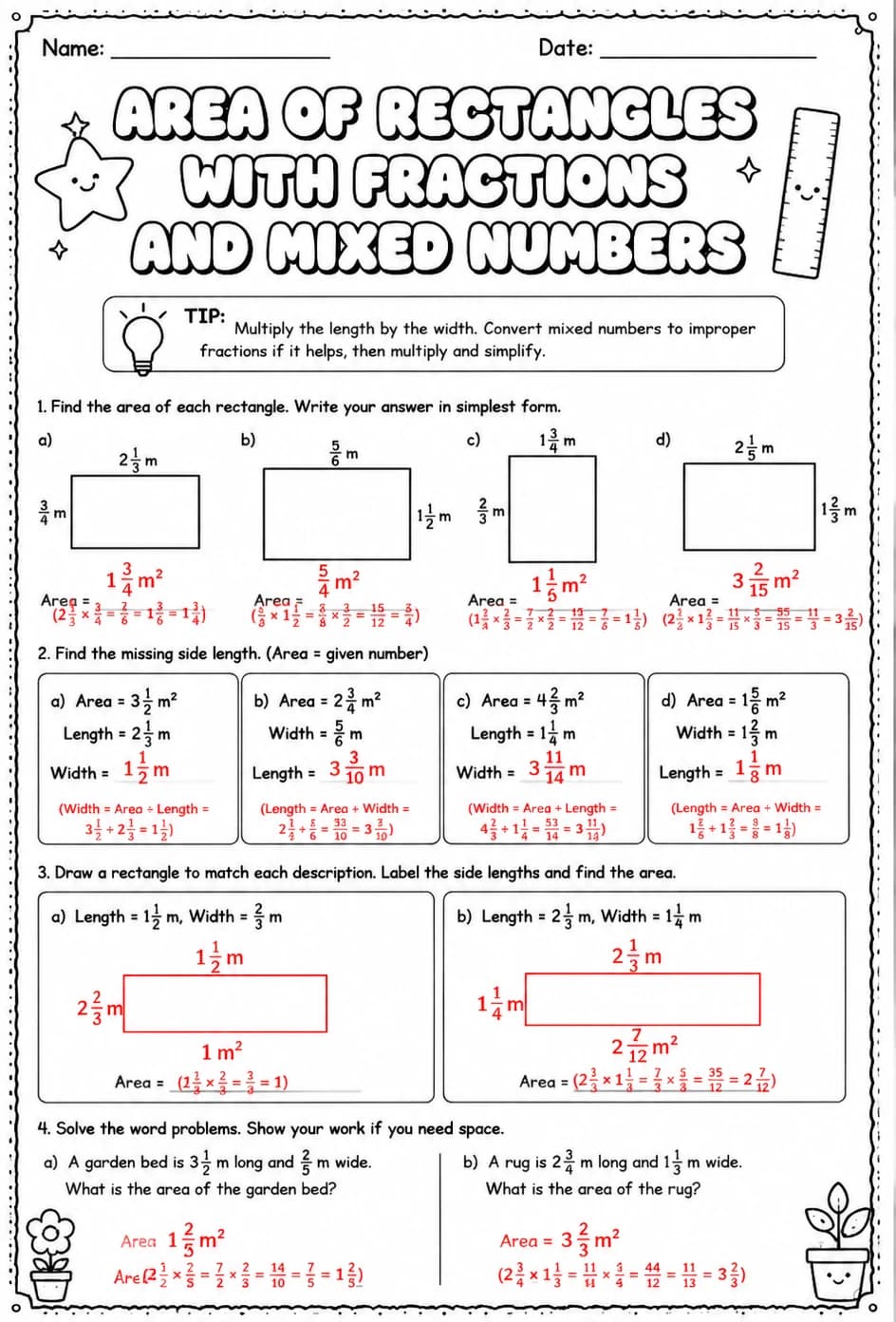 Answer key for Area of rectangles with fractions and mixed numbers — free printable Math worksheet