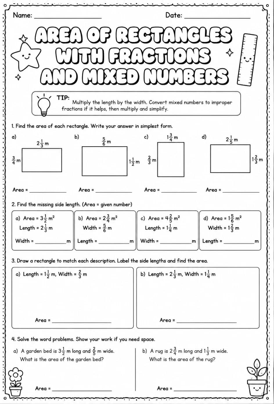 Area of rectangles with fractions and mixed numbers — free printable Grade 5 math worksheet
