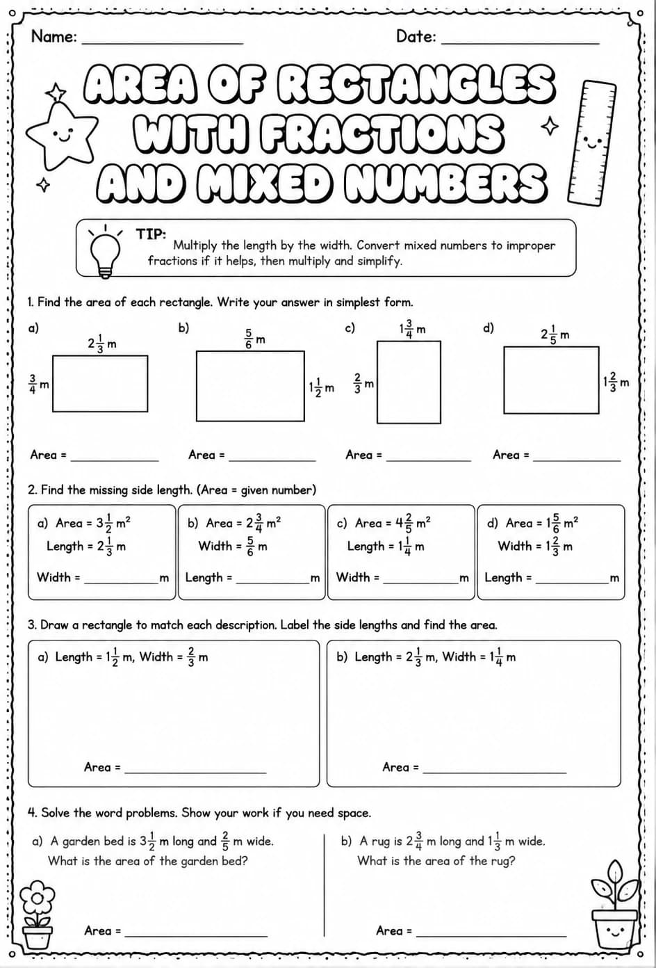 Area of rectangles with fractions and mixed numbers