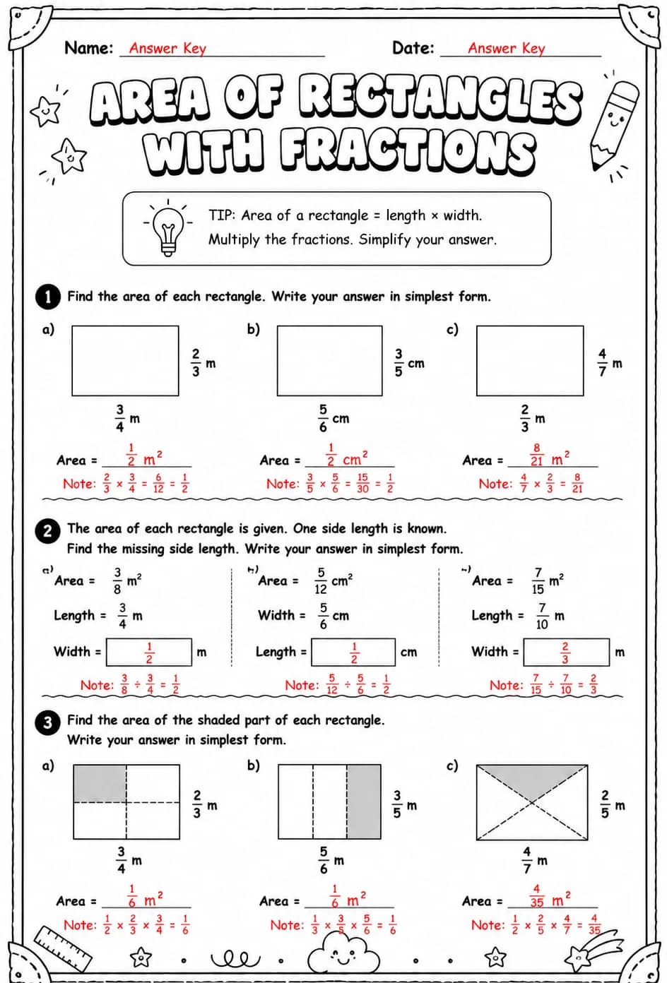 Answer key for Area of rectangles with fractions — free printable Math worksheet