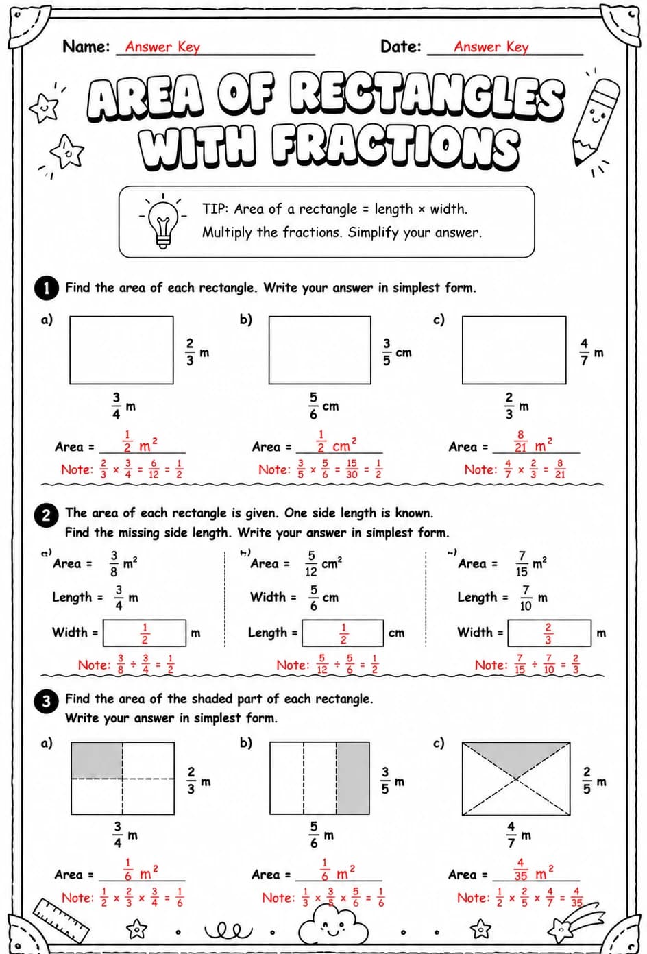 Answer key for Area of rectangles with fractions — free printable Math worksheet