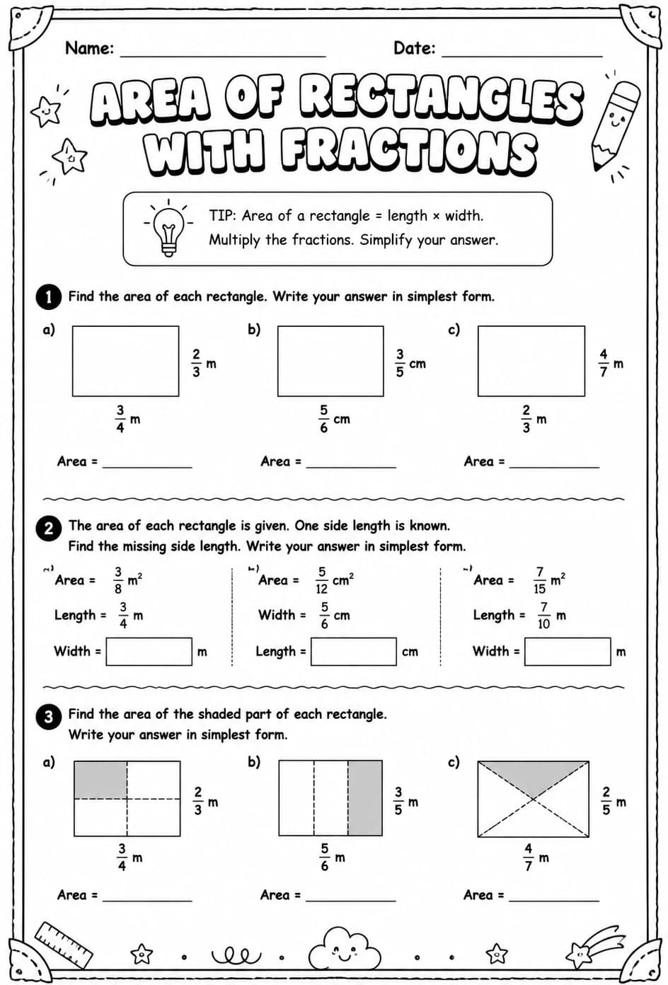 Area of rectangles with fractions — free printable Grade 5 math worksheet