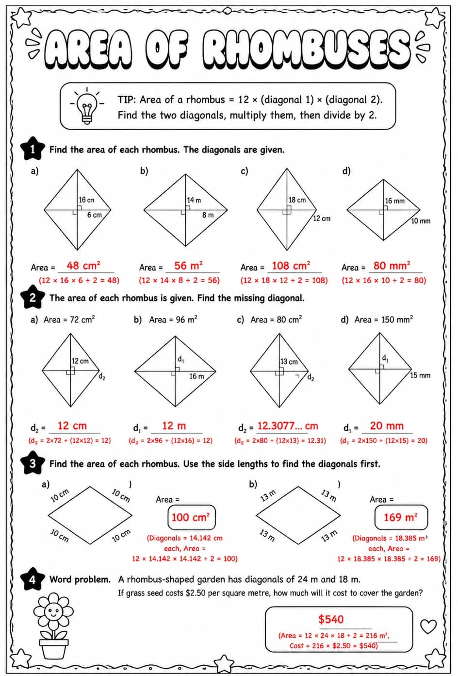 Answer key for Area of rhombuses — free printable Math worksheet