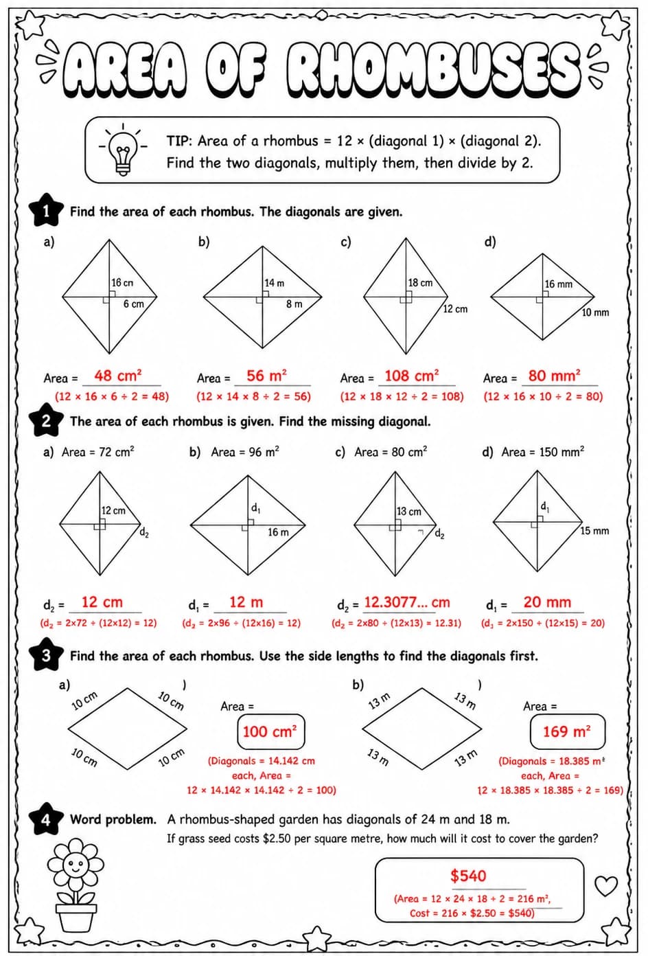 Answer key for Area of rhombuses — free printable Math worksheet
