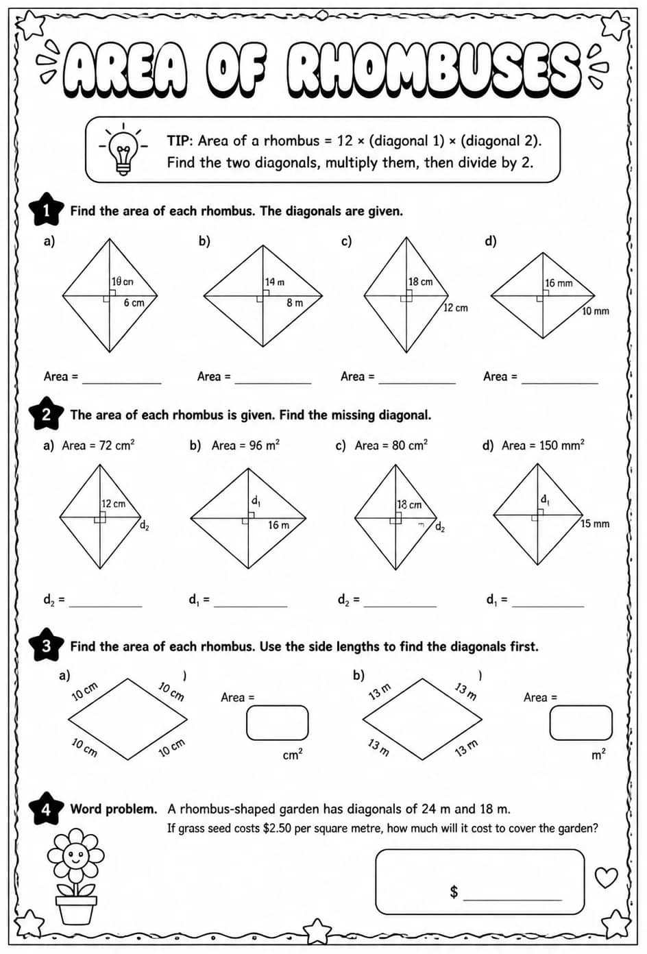 Area of rhombuses — free printable Grade 6 math worksheet
