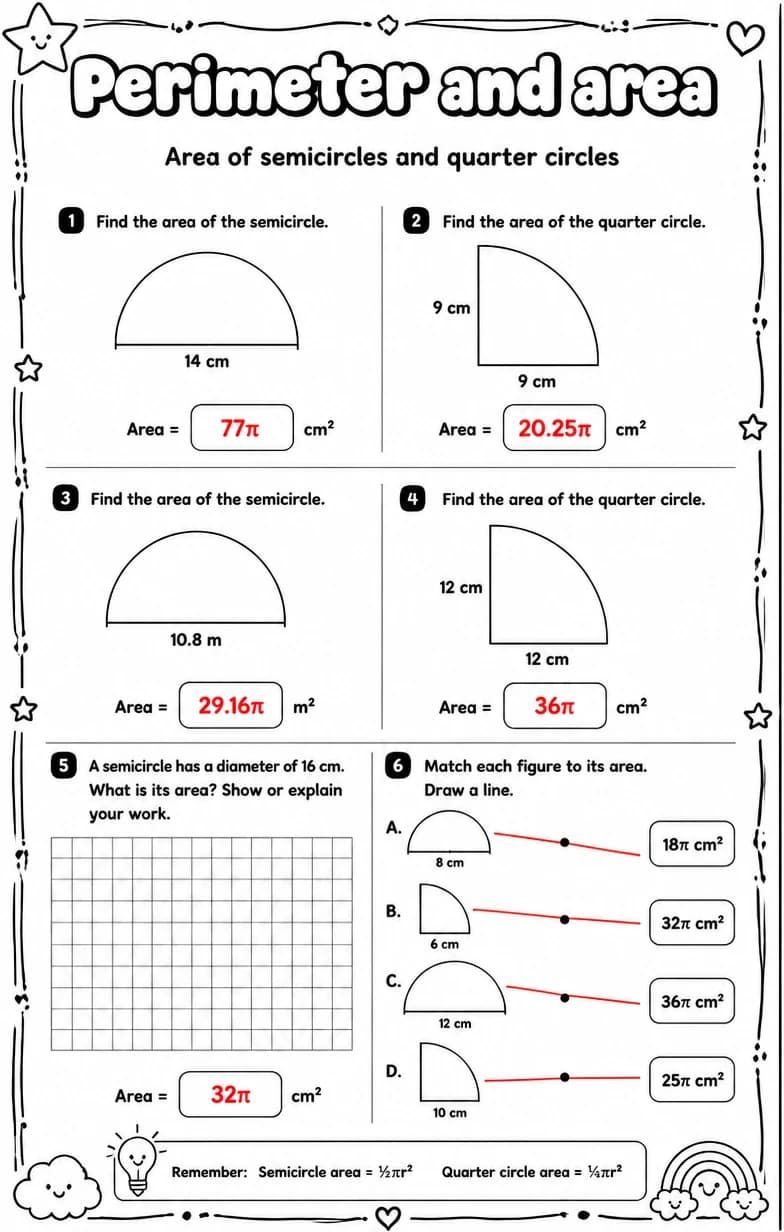 Answer key for Area of semicircles and quarter circles — free printable Math worksheet