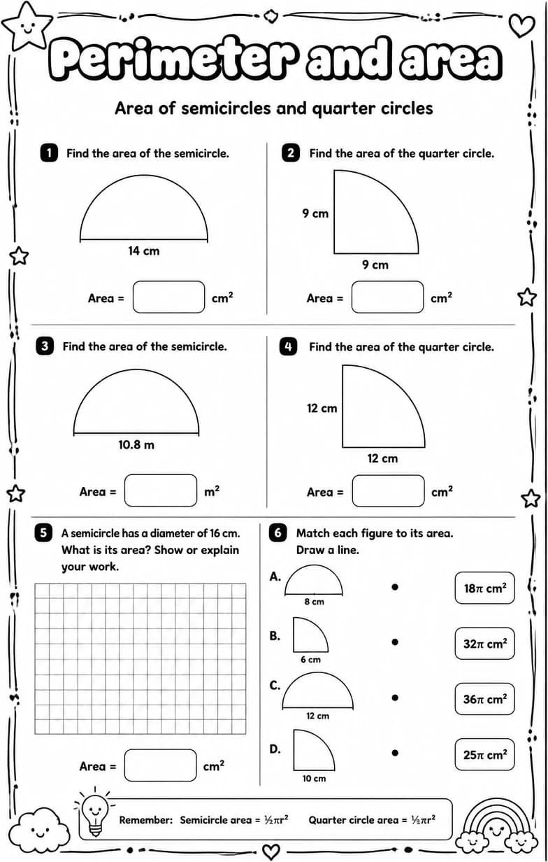 Area of semicircles and quarter circles — free printable Grade 7 math worksheet