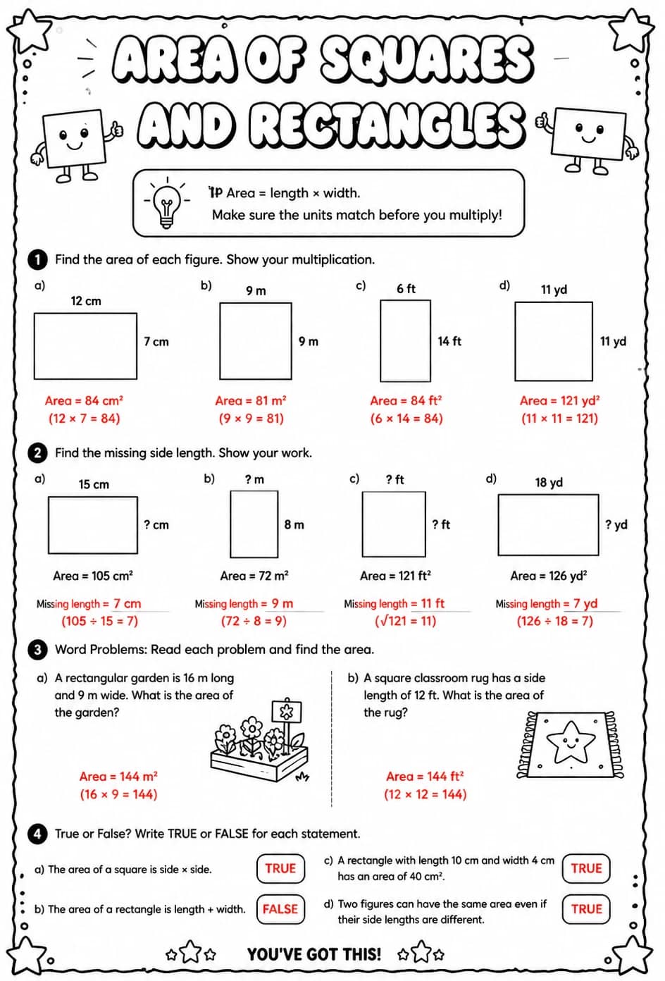 Answer key for Area of squares and rectangles — free printable Math worksheet