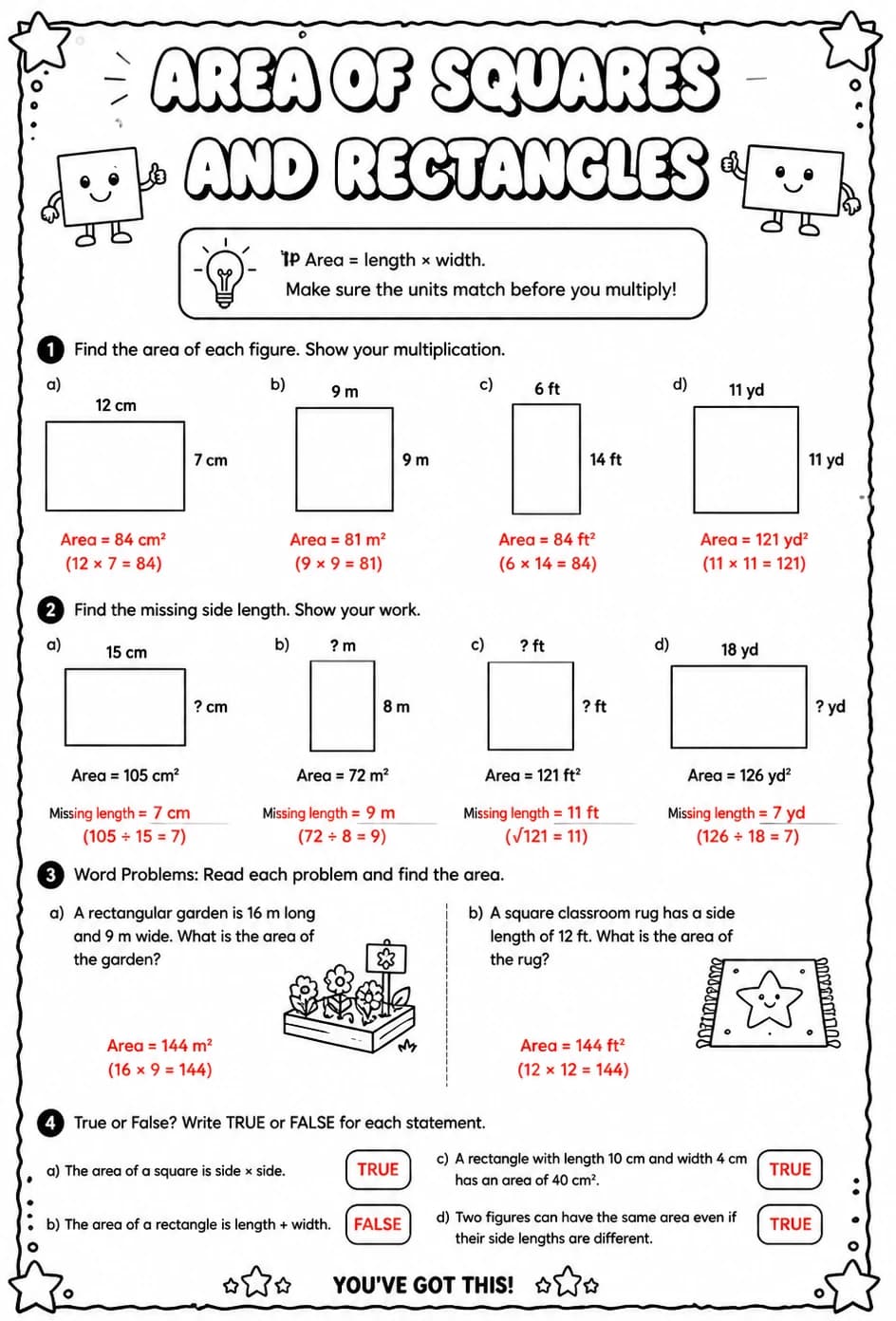 Answer key for Area of squares and rectangles — free printable Math worksheet