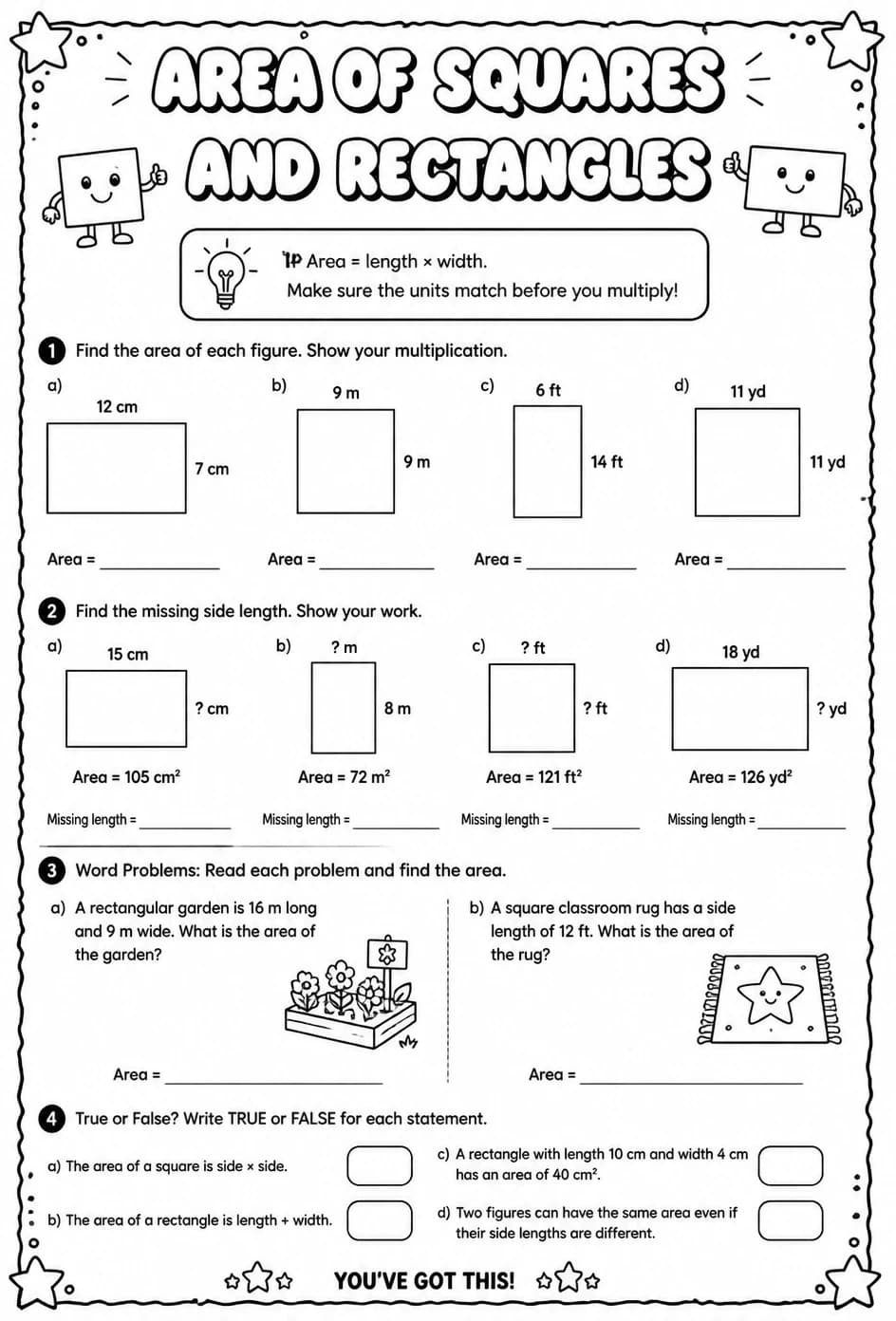 Area of squares and rectangles — free printable Grade 5 math worksheet