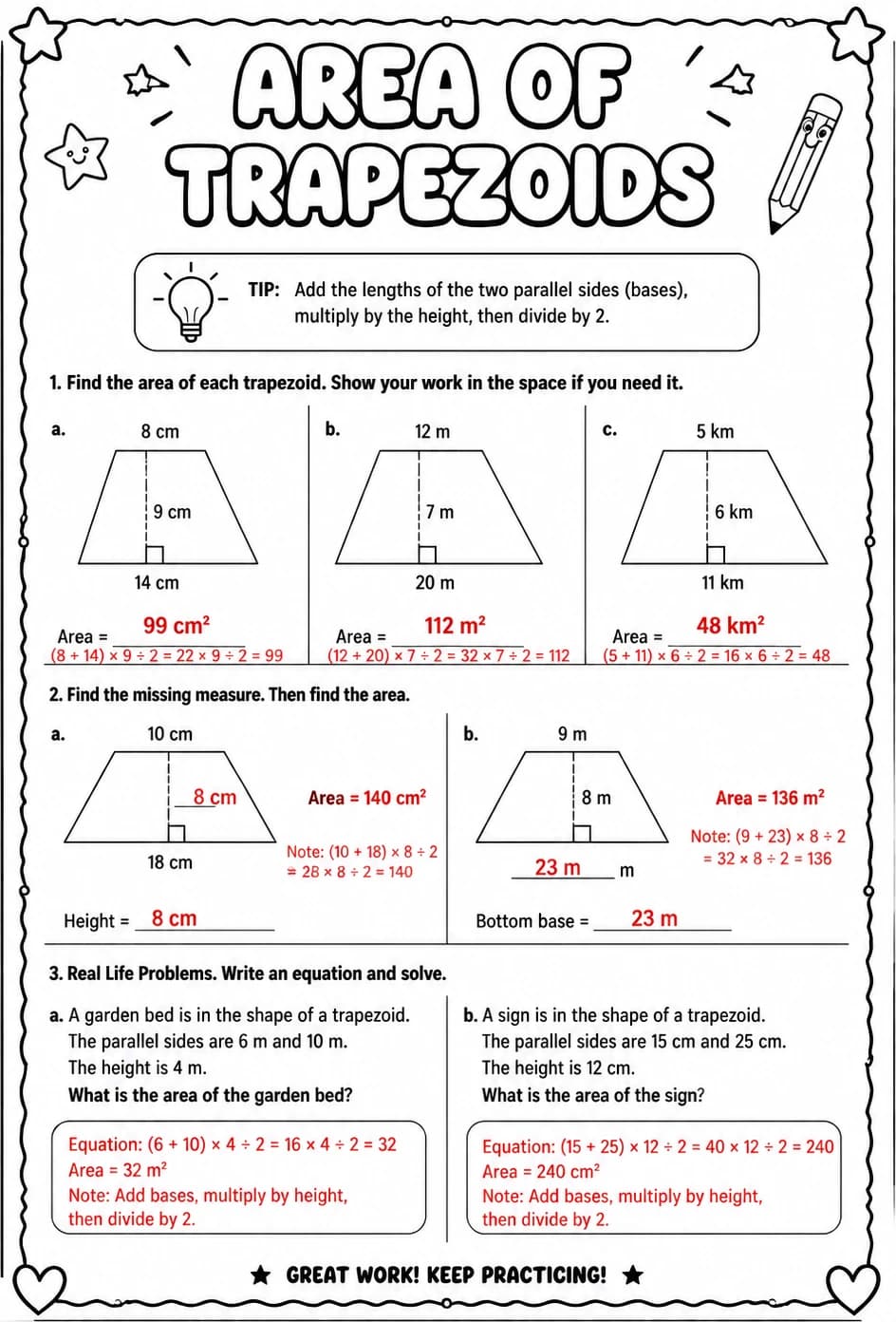 Answer key for Area of trapezoids — free printable Math worksheet