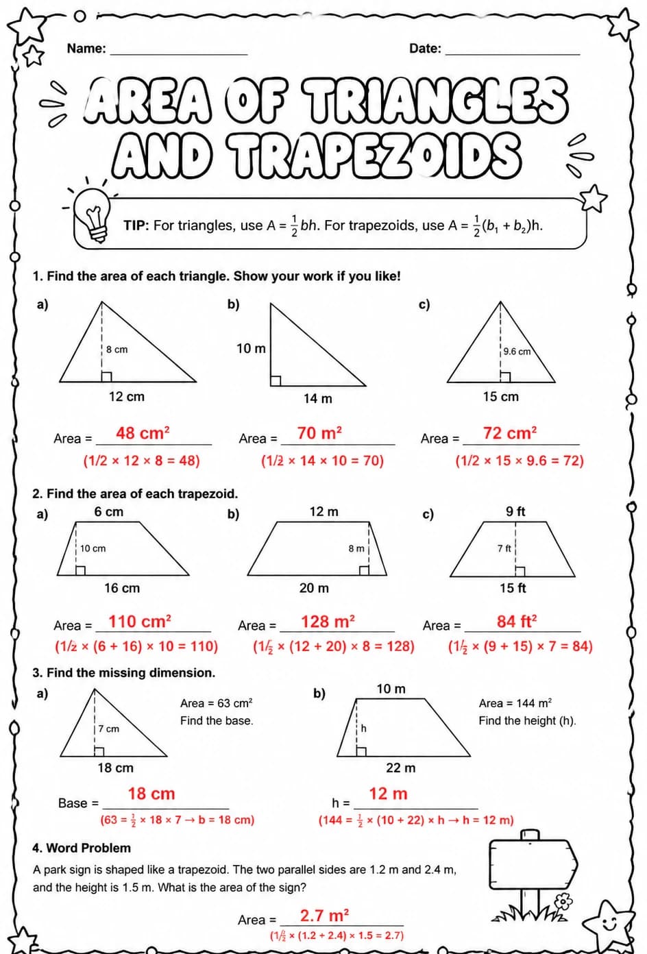 Answer key for Area of triangles and trapezoids — free printable Math worksheet