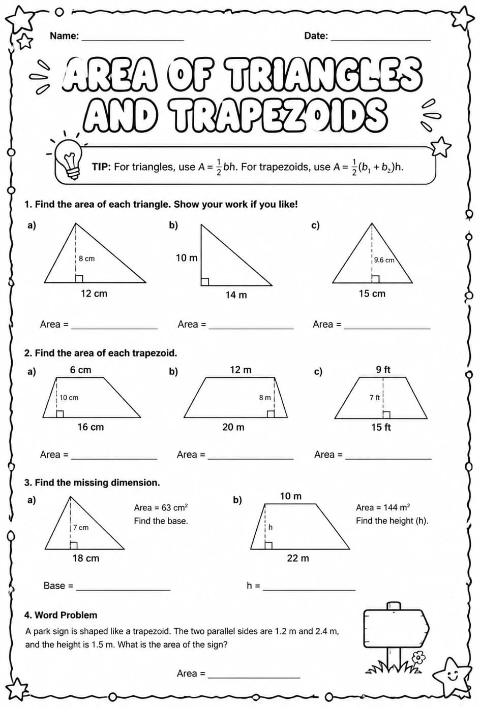 Area of triangles and trapezoids — free printable Grade 7 math worksheet