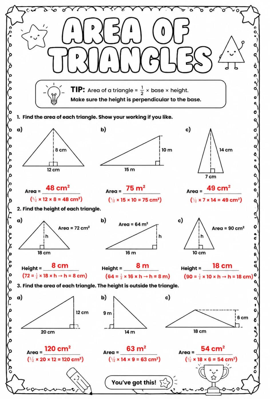 Answer key for Area of triangles — free printable Math worksheet