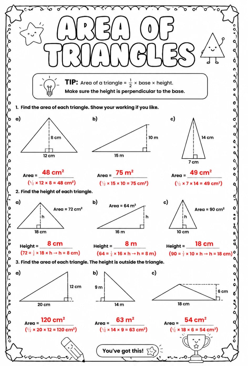 Answer key for Area of triangles — free printable Math worksheet