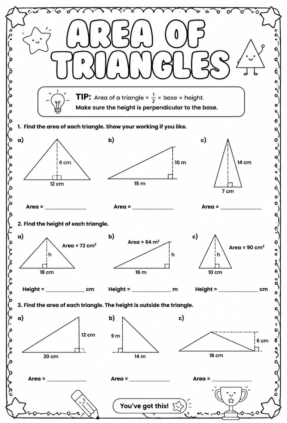 Area of triangles — free printable Middle School Math worksheet