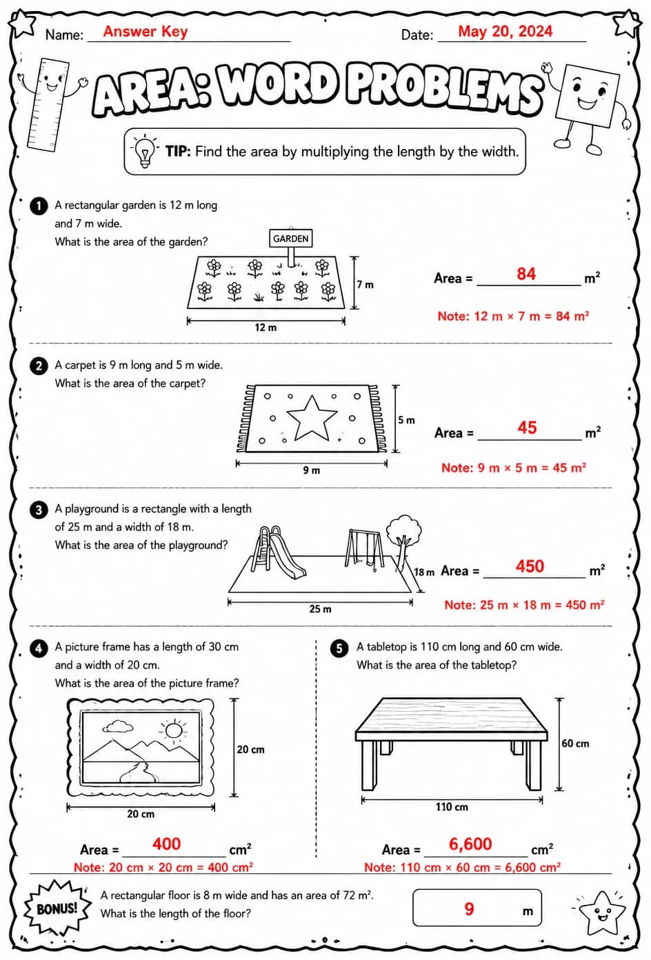 Answer key for Area: word problems — free printable Math worksheet