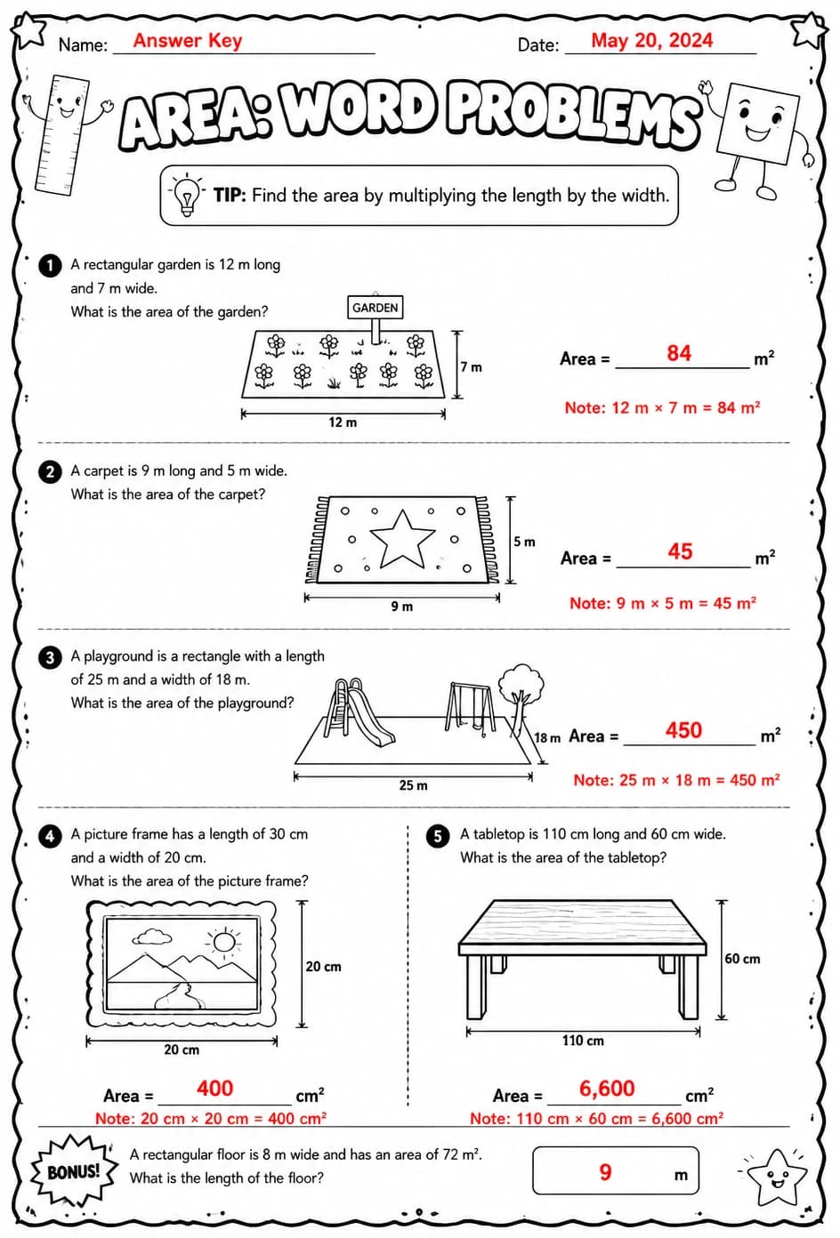 Answer key for Area: word problems — free printable Math worksheet