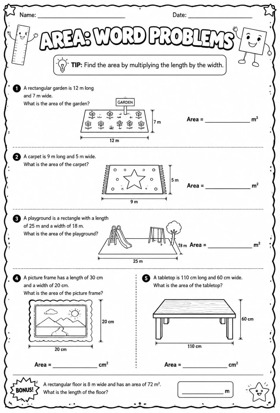 Area: word problems — free printable Grade 4 math worksheet