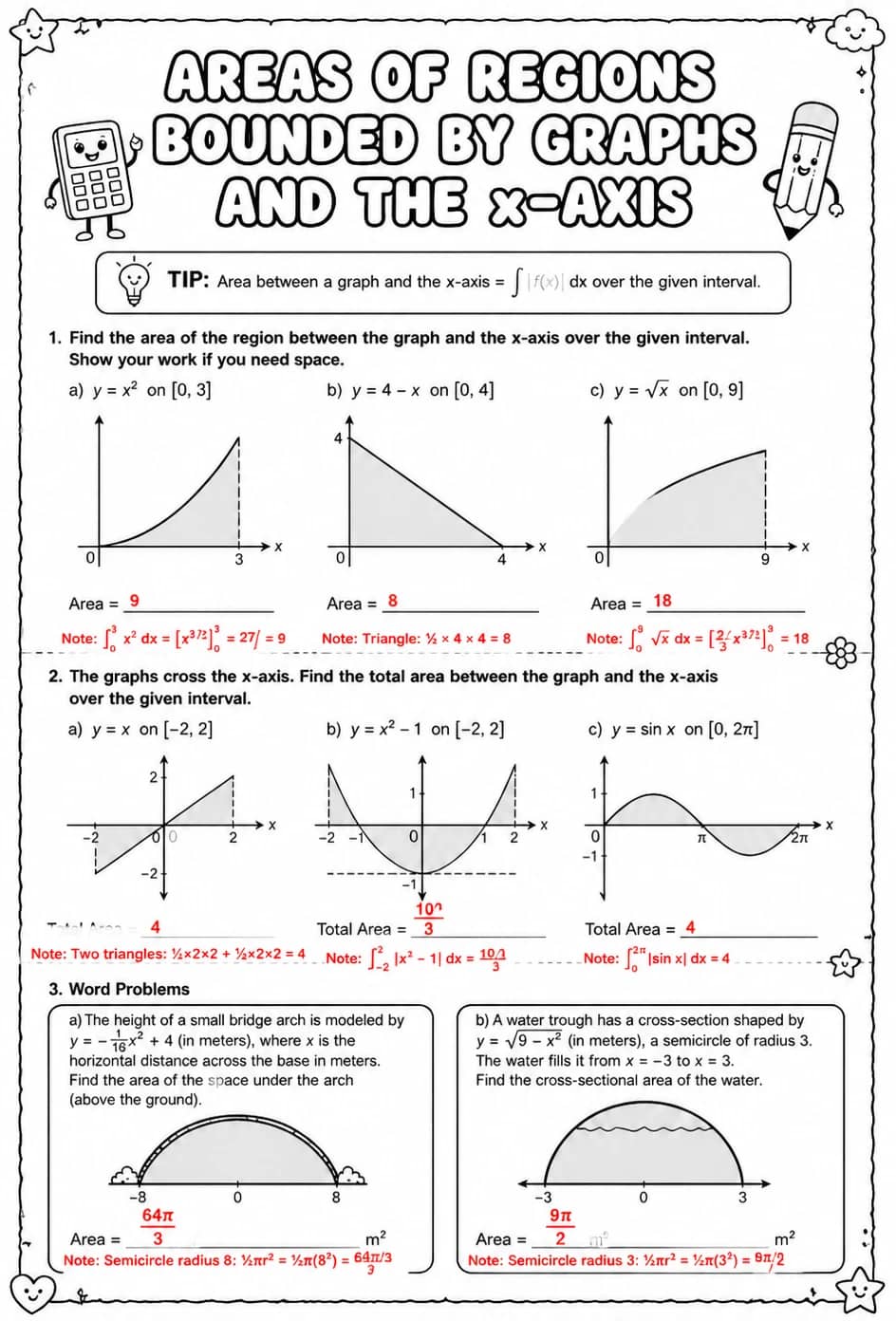 Answer key for Areas of regions bounded by graphs and the x-axis — free printable Math worksheet