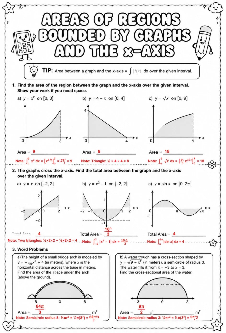 Answer key for Areas of regions bounded by graphs and the x-axis — free printable Math worksheet