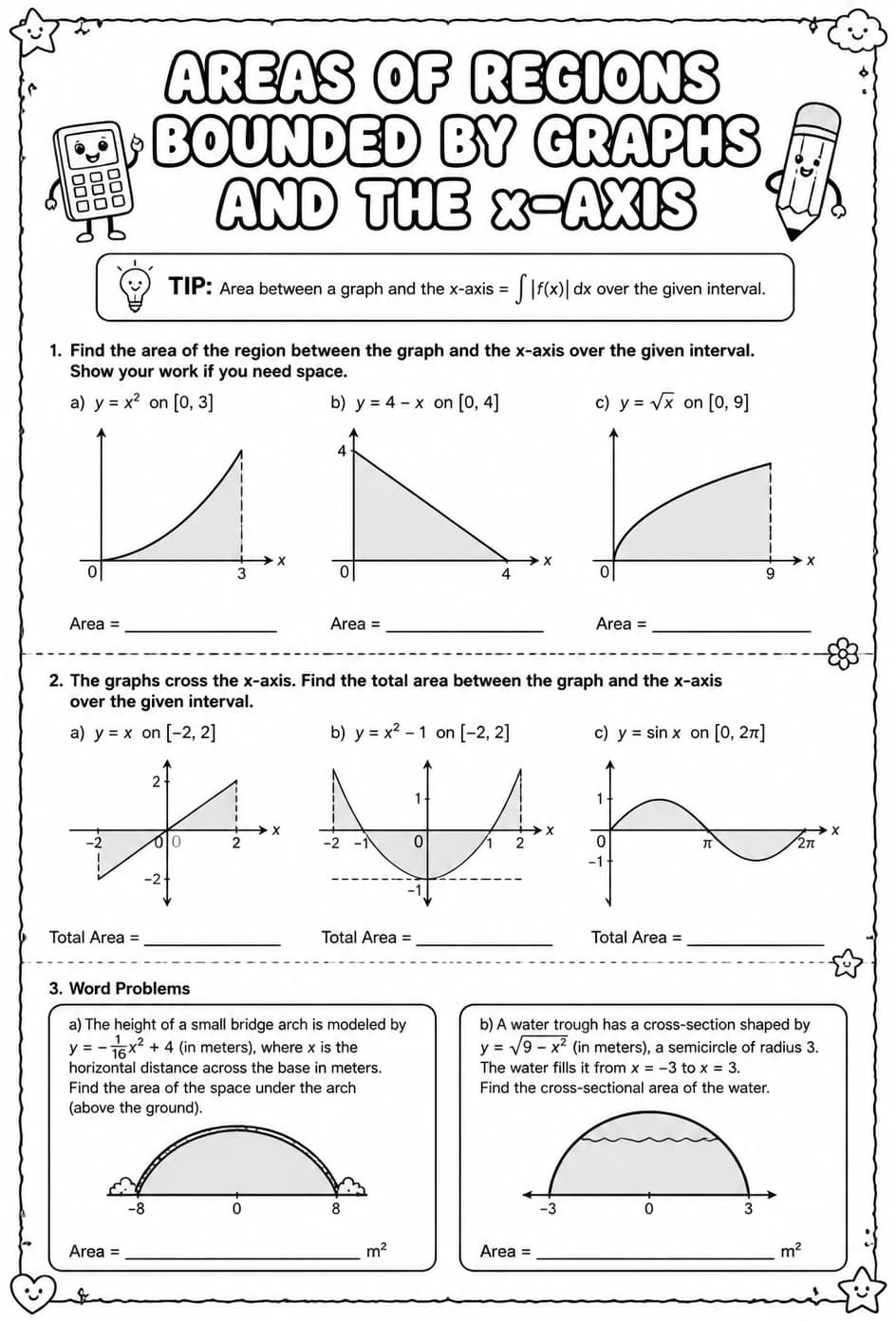 Areas of regions bounded by graphs and the x-axis — free printable Calculus math worksheet