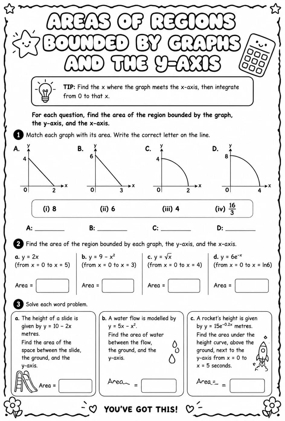 Areas of regions bounded by graphs and the y-axis — free printable Calculus math worksheet