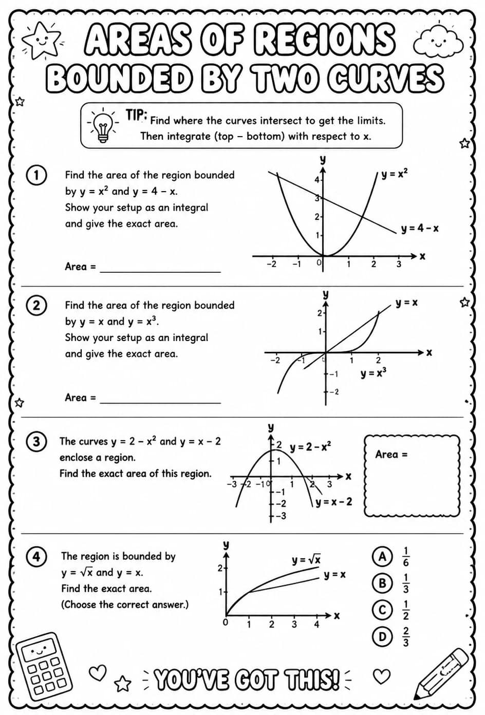 Areas of regions bounded by two curves: functions of x — free printable Calculus math worksheet