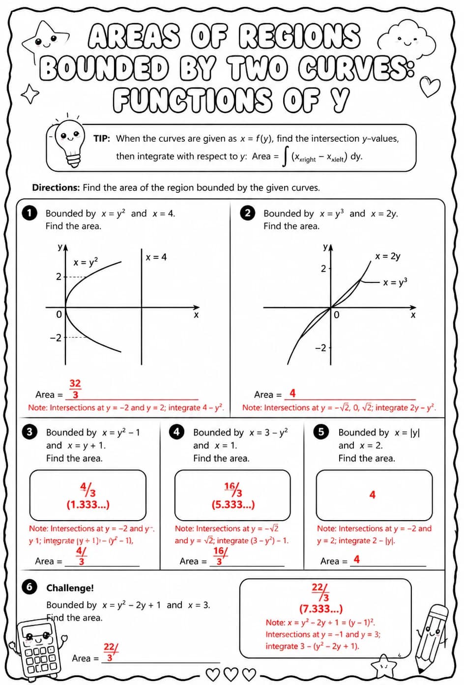 Answer key for Areas of regions bounded by two curves: functions of y — free printable Math worksheet