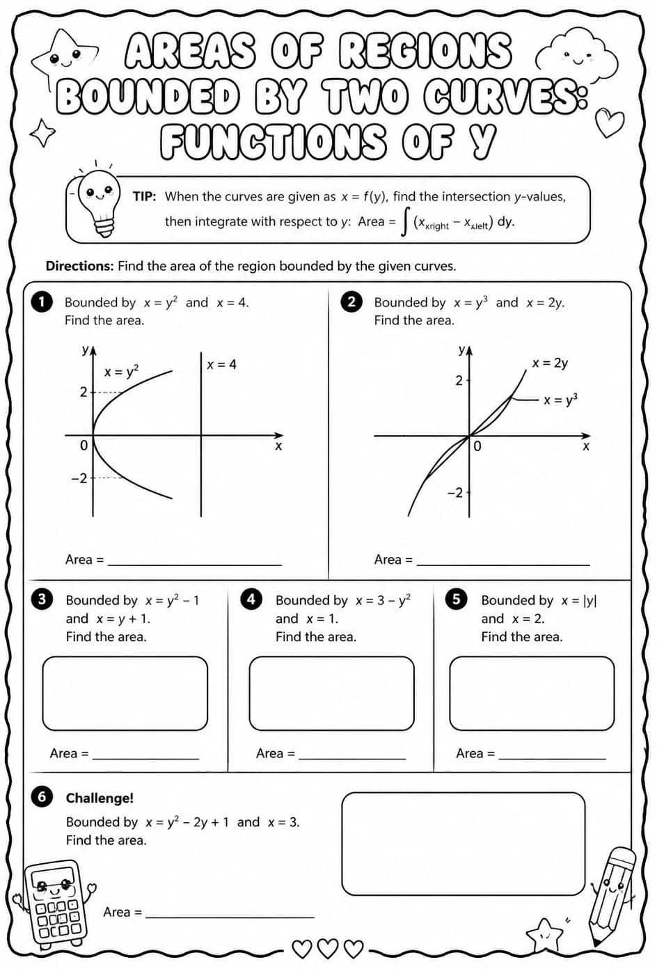 Areas of regions bounded by two curves: functions of y — free printable Calculus math worksheet