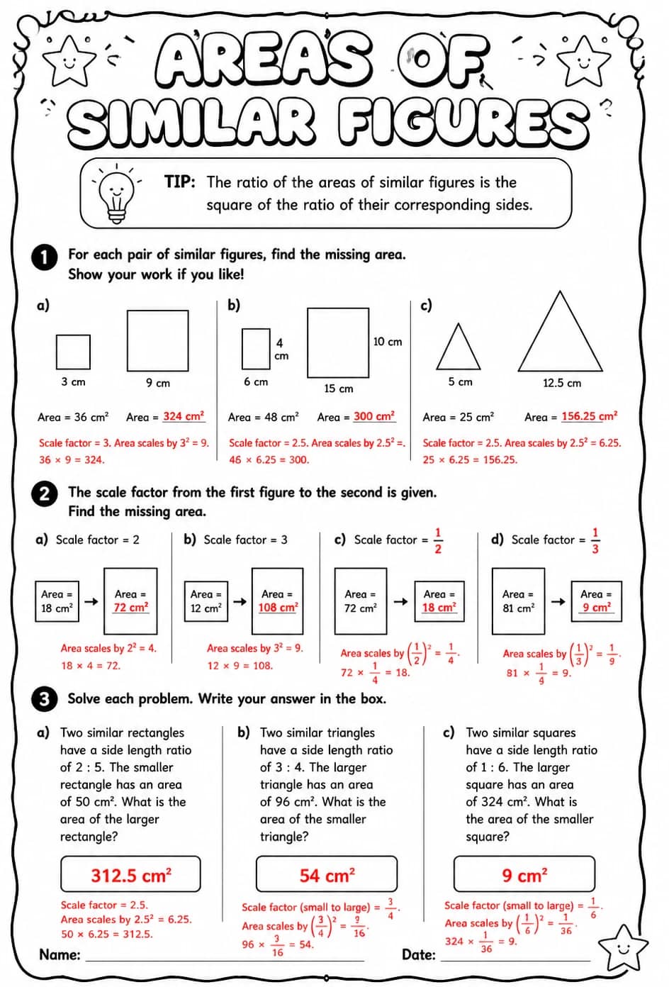 Answer key for Areas of similar figures — free printable Math worksheet
