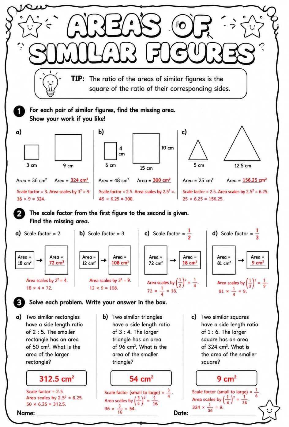 Answer key for Areas of similar figures — free printable Math worksheet