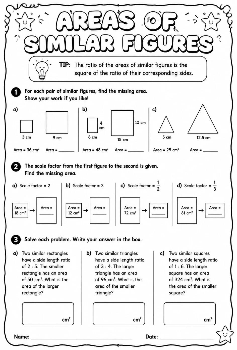 Areas of similar figures — free printable Geometry math worksheet