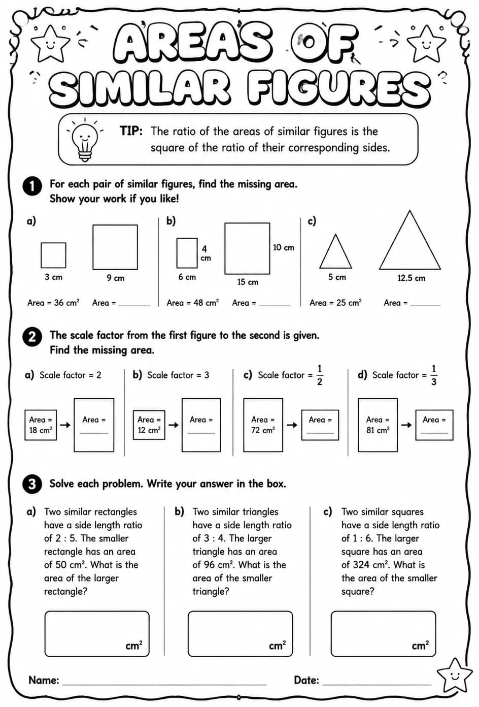 Areas of similar figures — free printable Geometry math worksheet