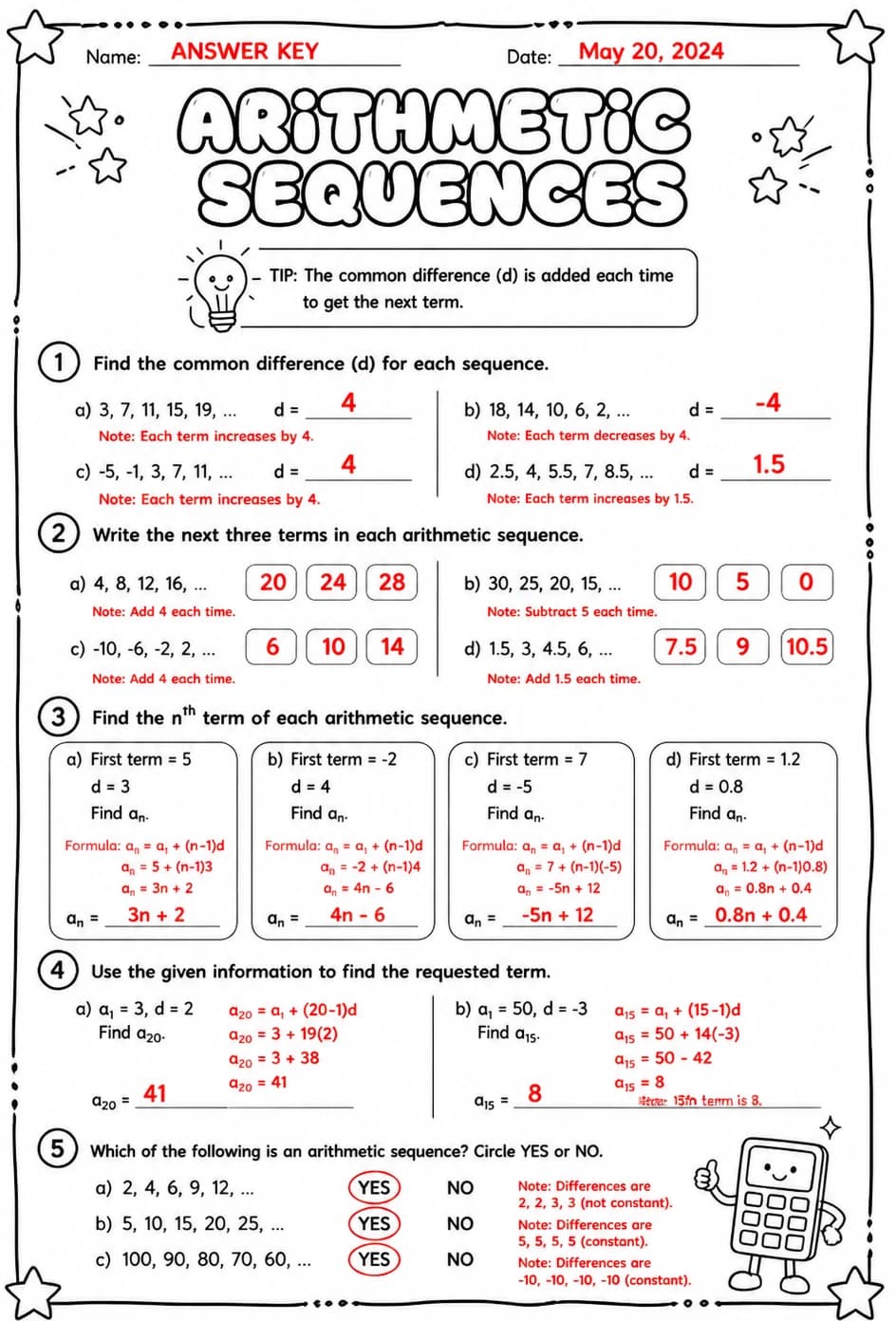 Answer key for Arithmetic sequences — free printable Math worksheet