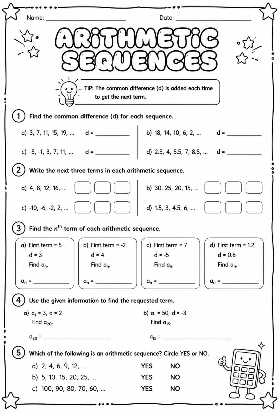 Arithmetic sequences — free printable Algebra 1 math worksheet