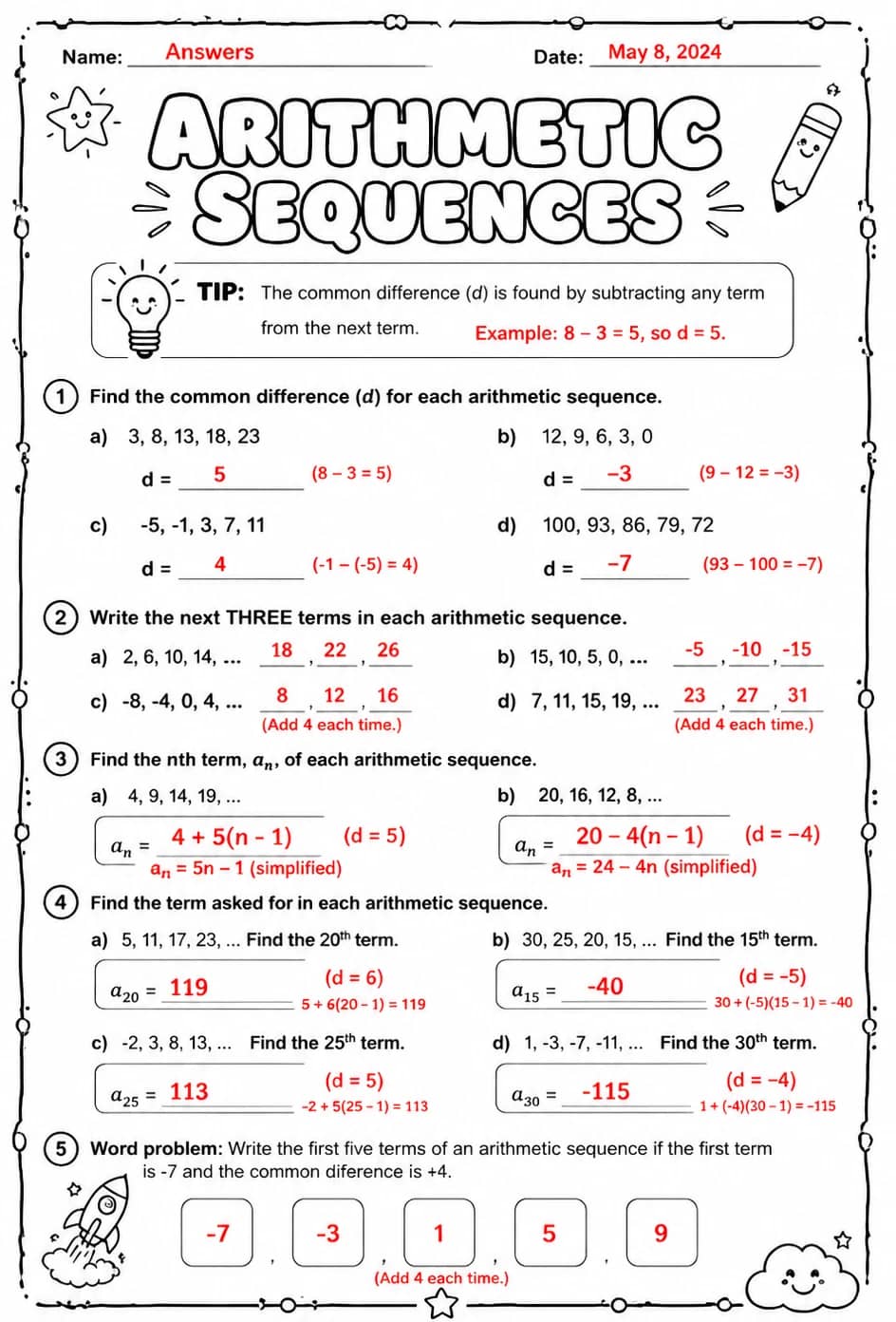 Answer key for Arithmetic sequences — free printable Math worksheet