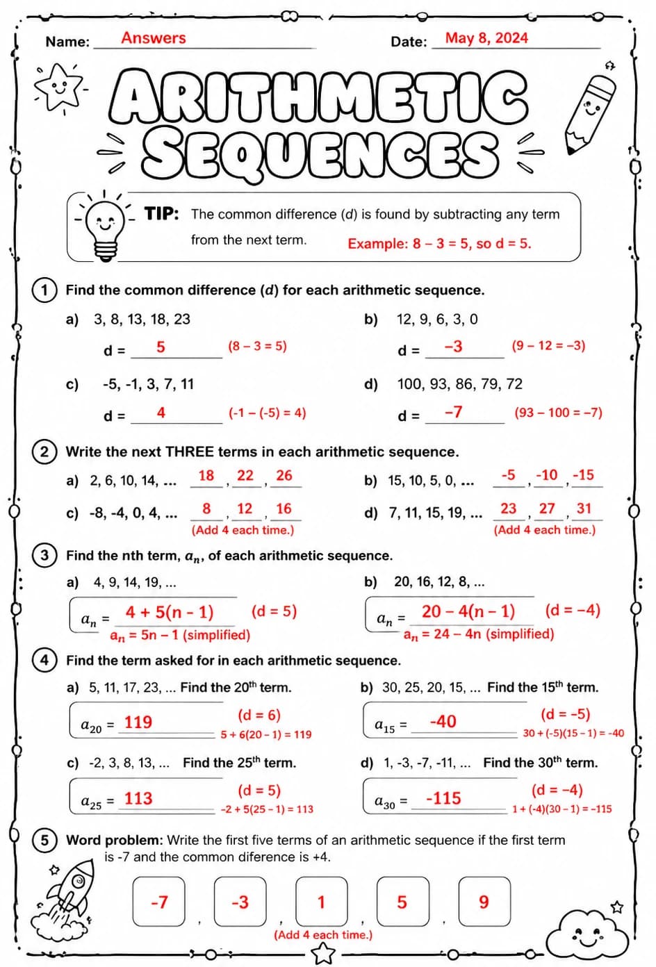 Answer key for Arithmetic sequences — free printable Math worksheet
