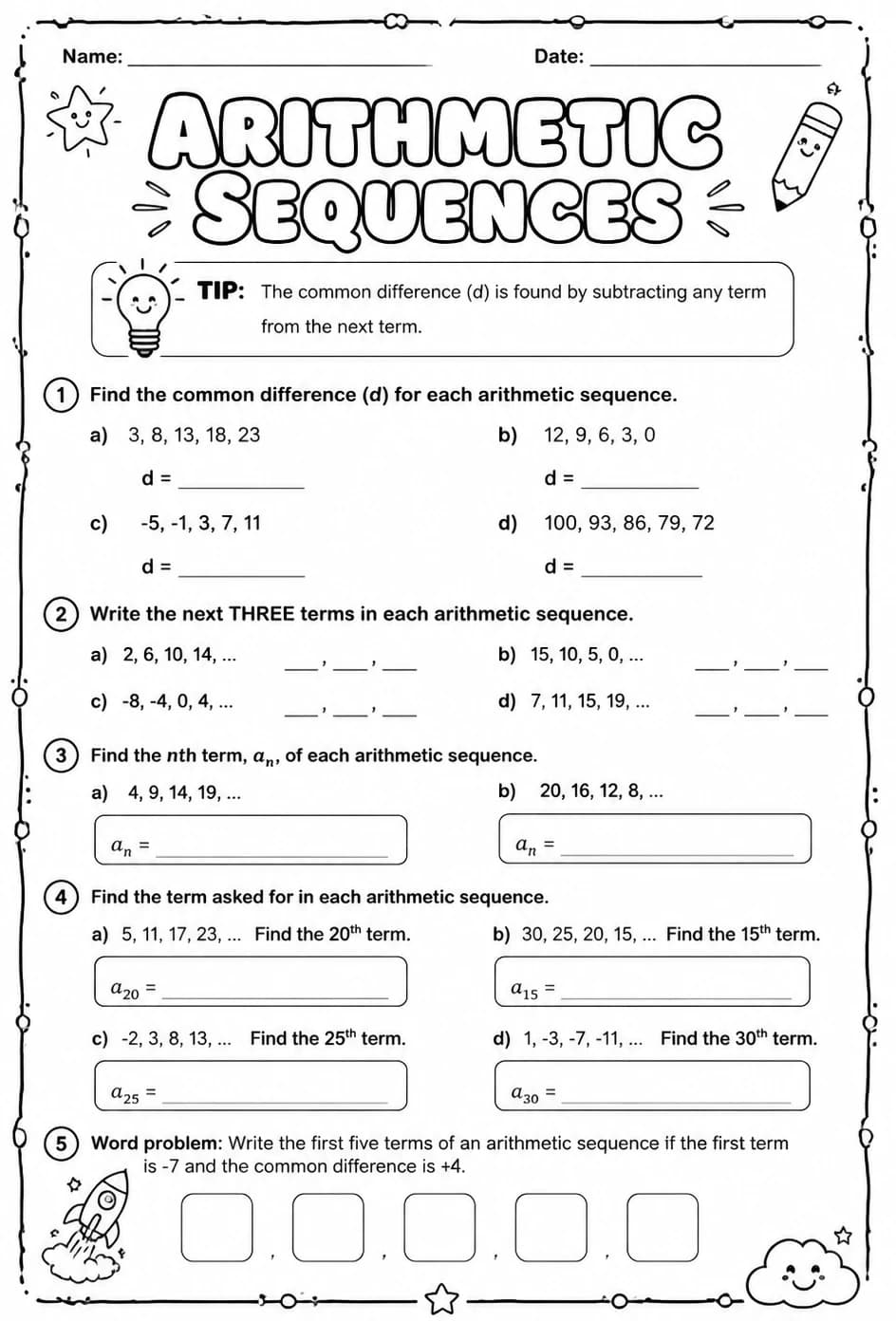 Arithmetic sequences — free printable Grade 7 math worksheet