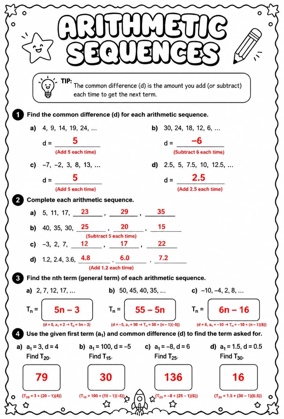 Answer key for Arithmetic sequences — free printable Math worksheet