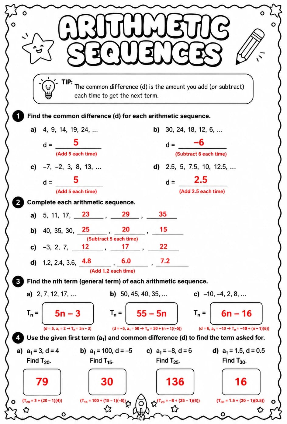 Answer key for Arithmetic sequences — free printable Math worksheet