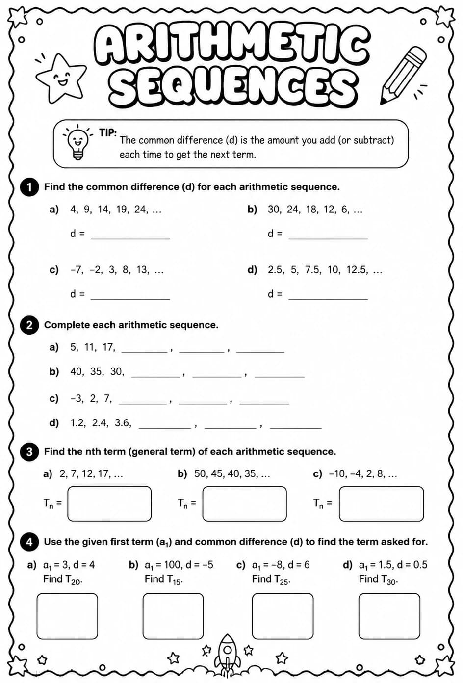 Arithmetic sequences — free printable Grade 8 math worksheet