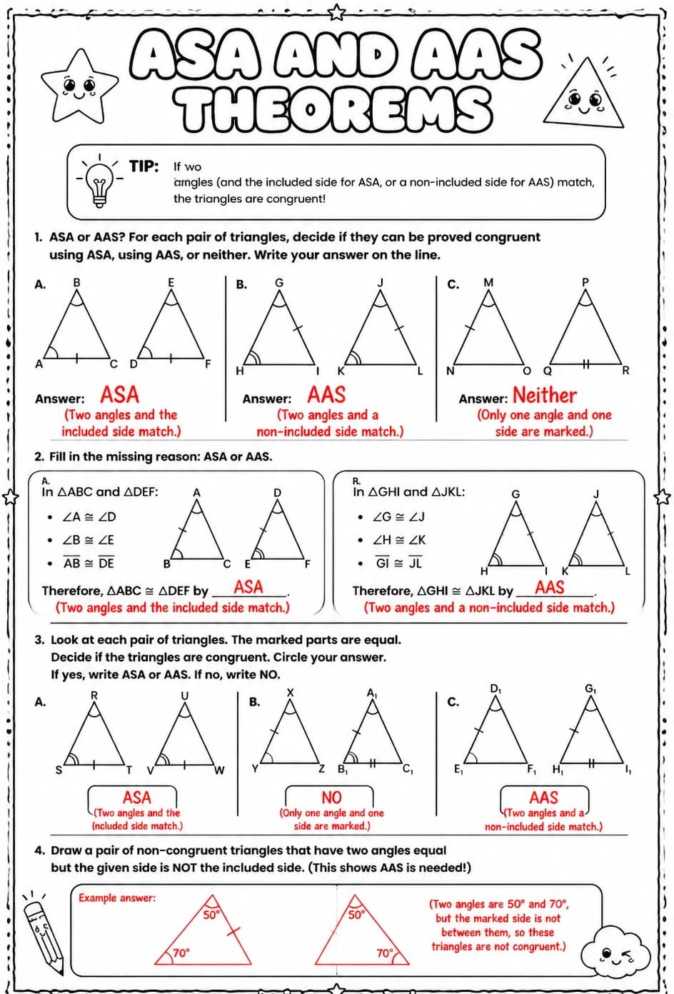 Answer key for ASA and AAS Theorems — free printable Math worksheet