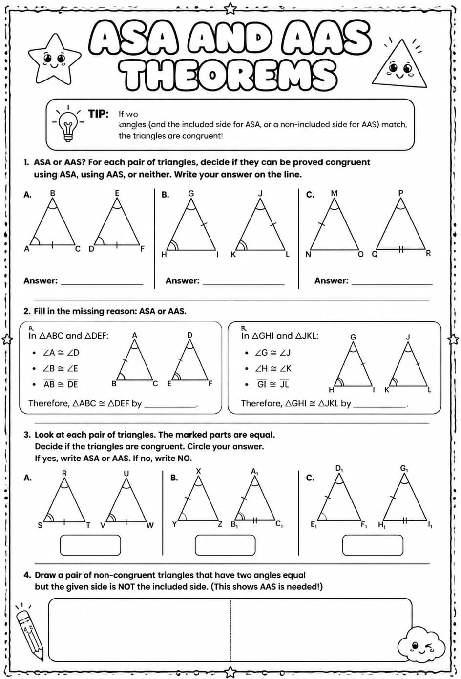 ASA and AAS Theorems — free printable Geometry math worksheet
