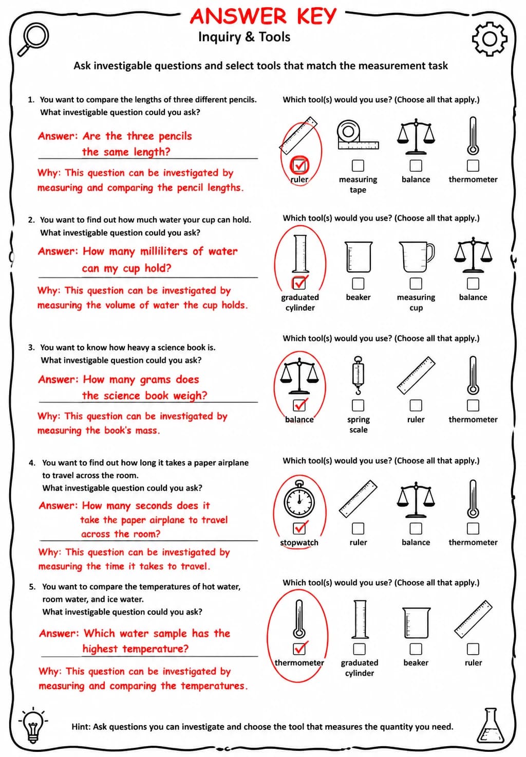 Answer key for Ask investigable questions and select tools that match the measurement task — free printable Science worksheet
